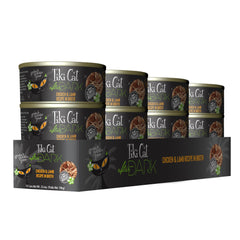 TIKI PETS boîte ouverte révélant morceaux de poulet et bouillon appétissant pour meilleur appétit
