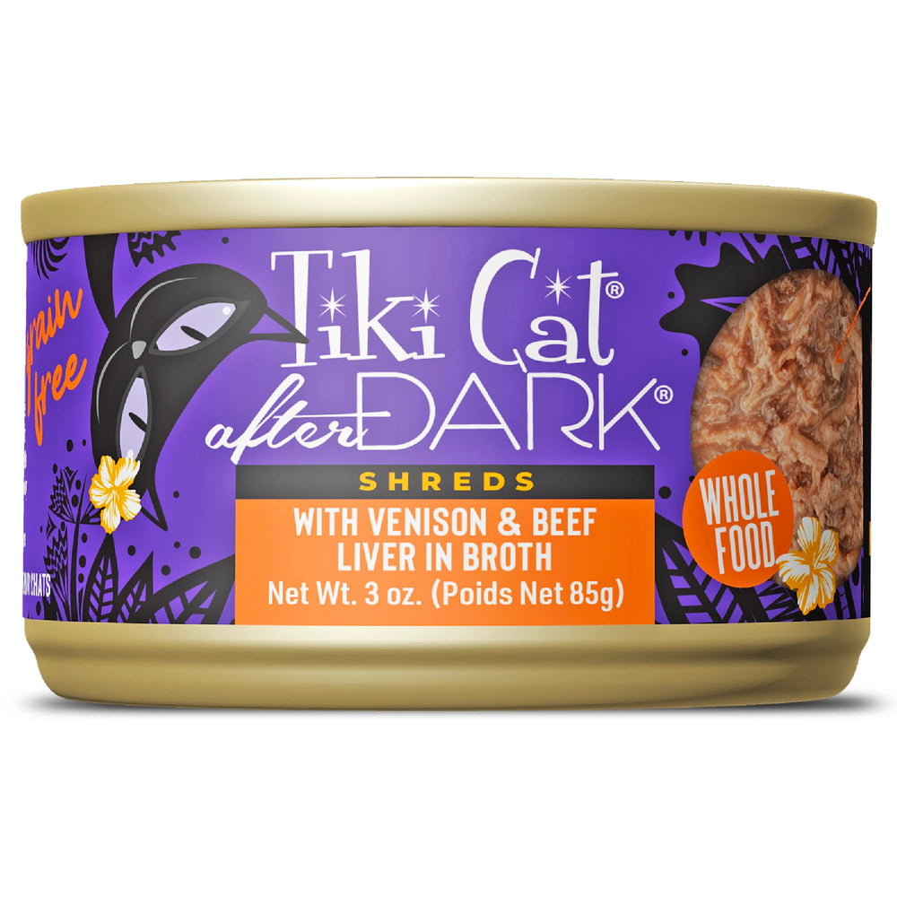 TIKI PETS boîte avant montrant le design et la recette Venison & Beef Liver bénéfique