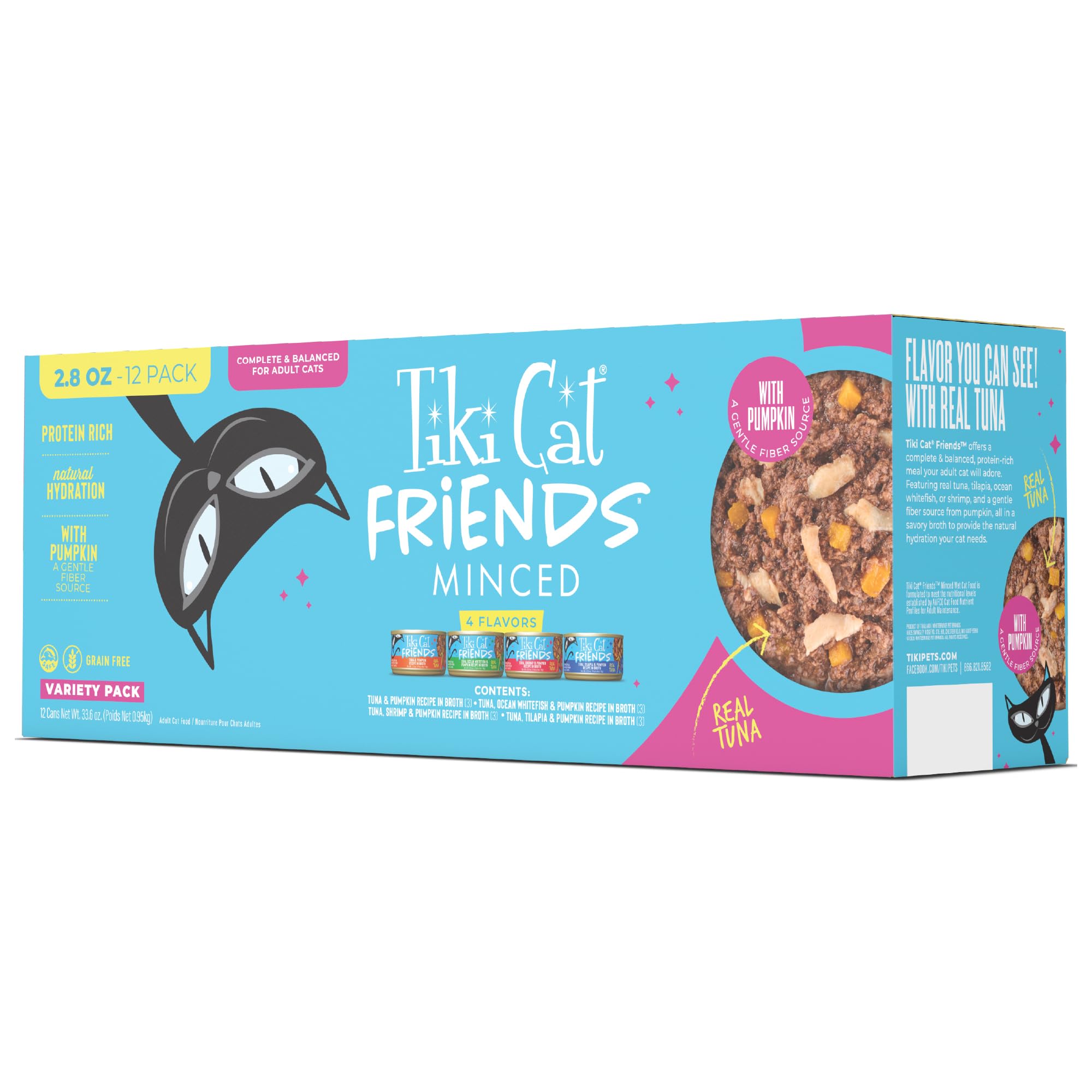 TIKI PETS produit face de la boîte montrant la variété de recettes, inspire confiance