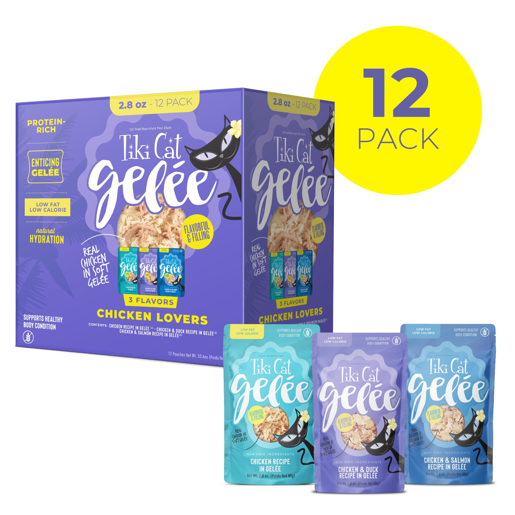 TIKI PETS gros plan gelée et morceaux, montre texture rassasiante