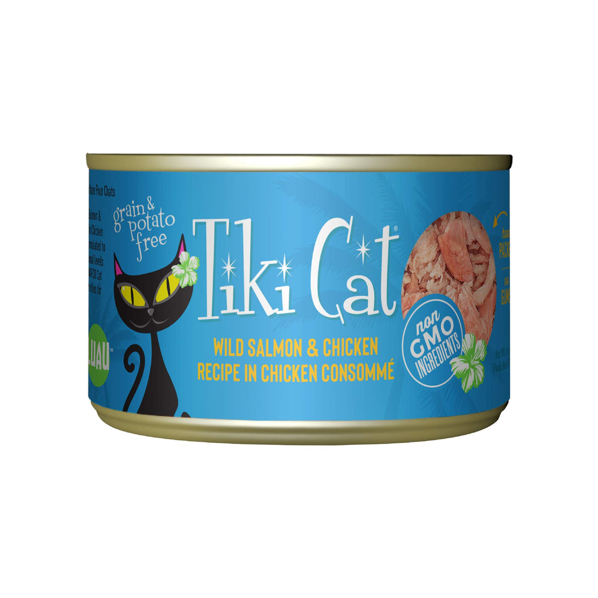 TIKI PETS boîte Tiki Cat Luau vue de face pour reconnaissance rapide