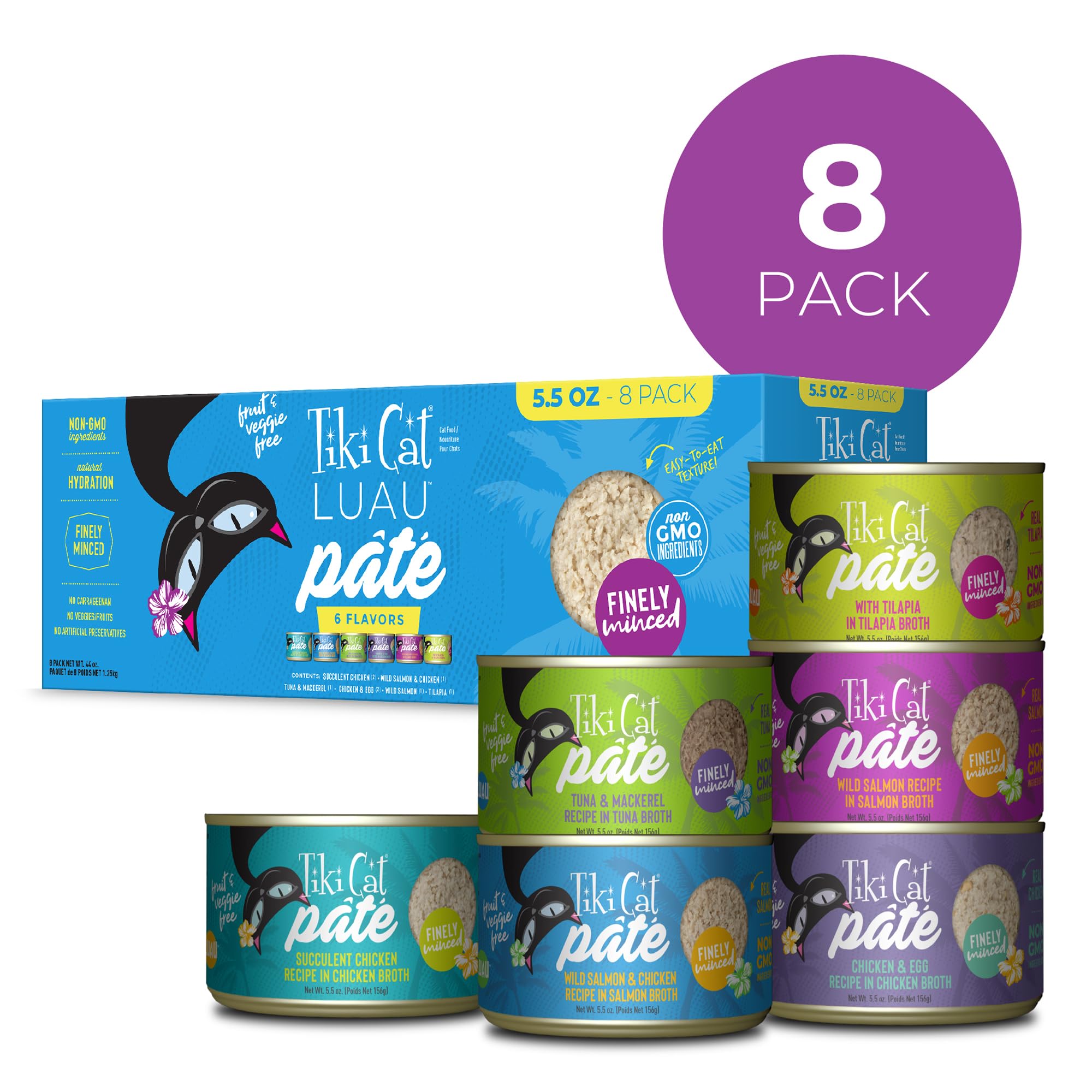 TIKI PETS assortiment de boîtes Luau affichant les différentes saveurs