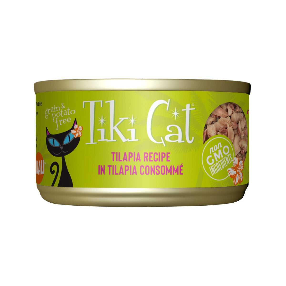 TIKI PETS Tiki Cat Luau vu de face, boîte claire montrant l'étiquette et l'attrait visuel