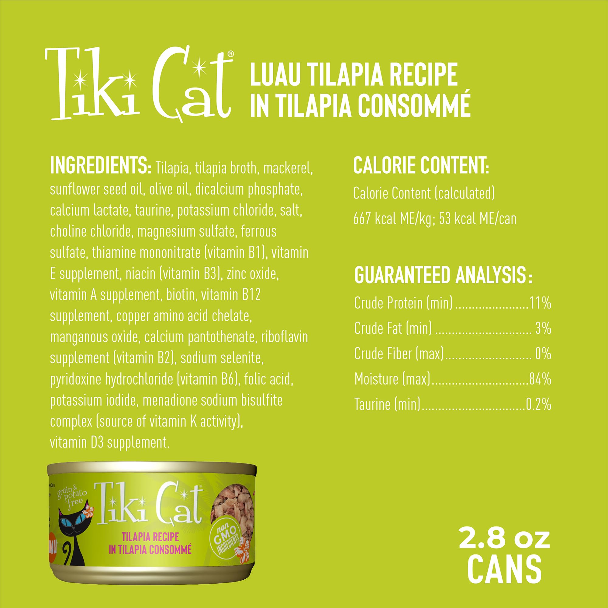 TIKI PETS zoom sur l'étiquette avec ingrédients et informations nutritionnelles utiles