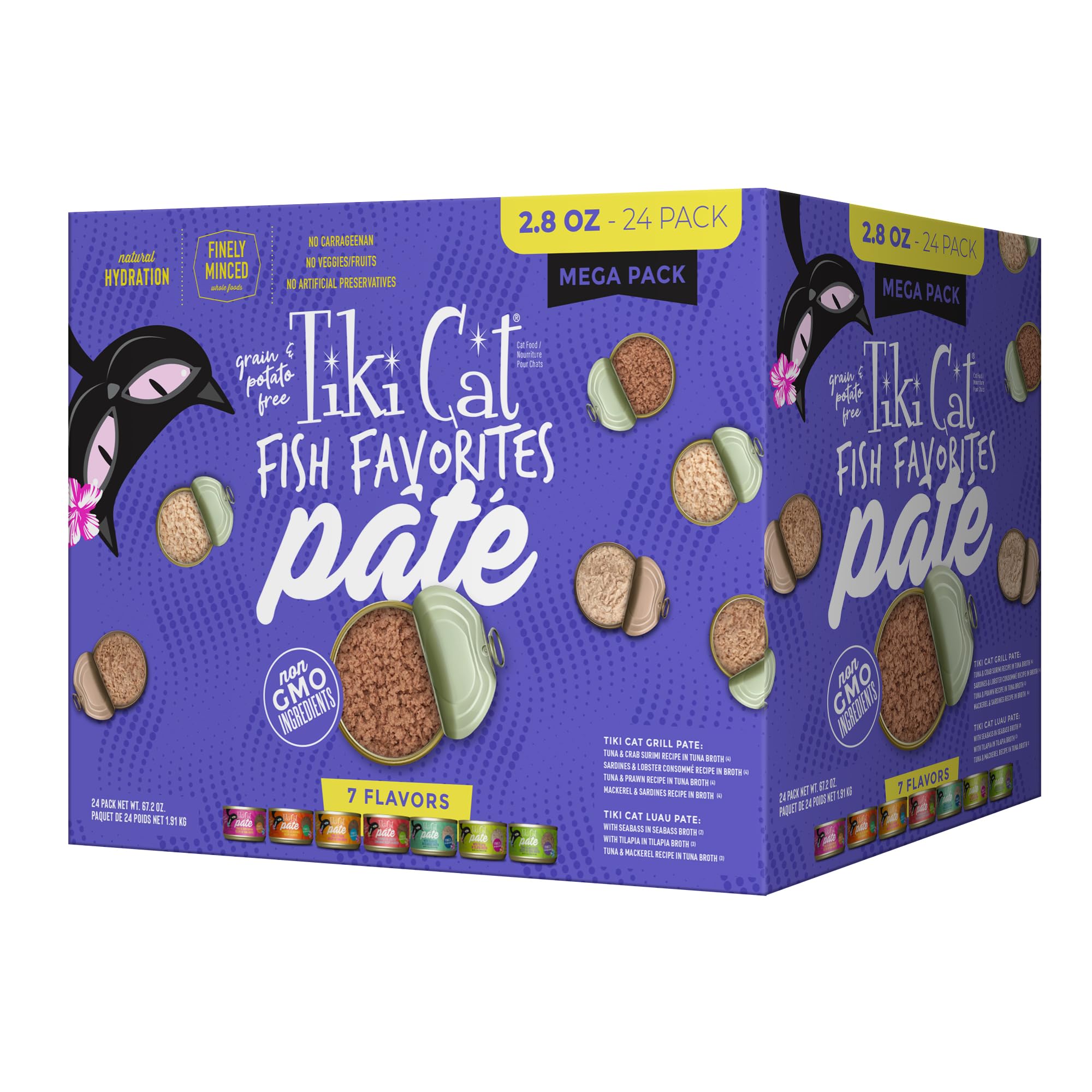 TIKI PETS vue frontale du méga pack montrant 24 boîtes appétissantes
