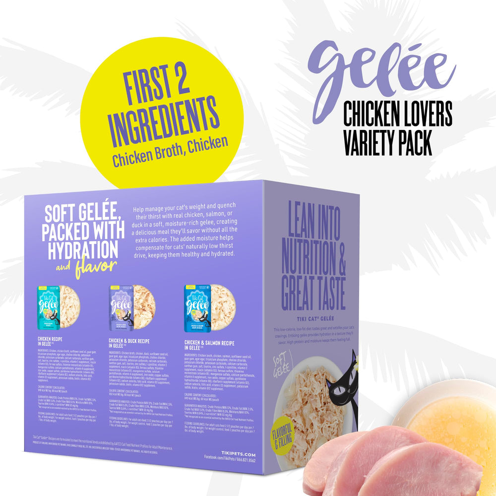 TIKI PETS sachet ouvert avec gelée visible, facilite service pratique
