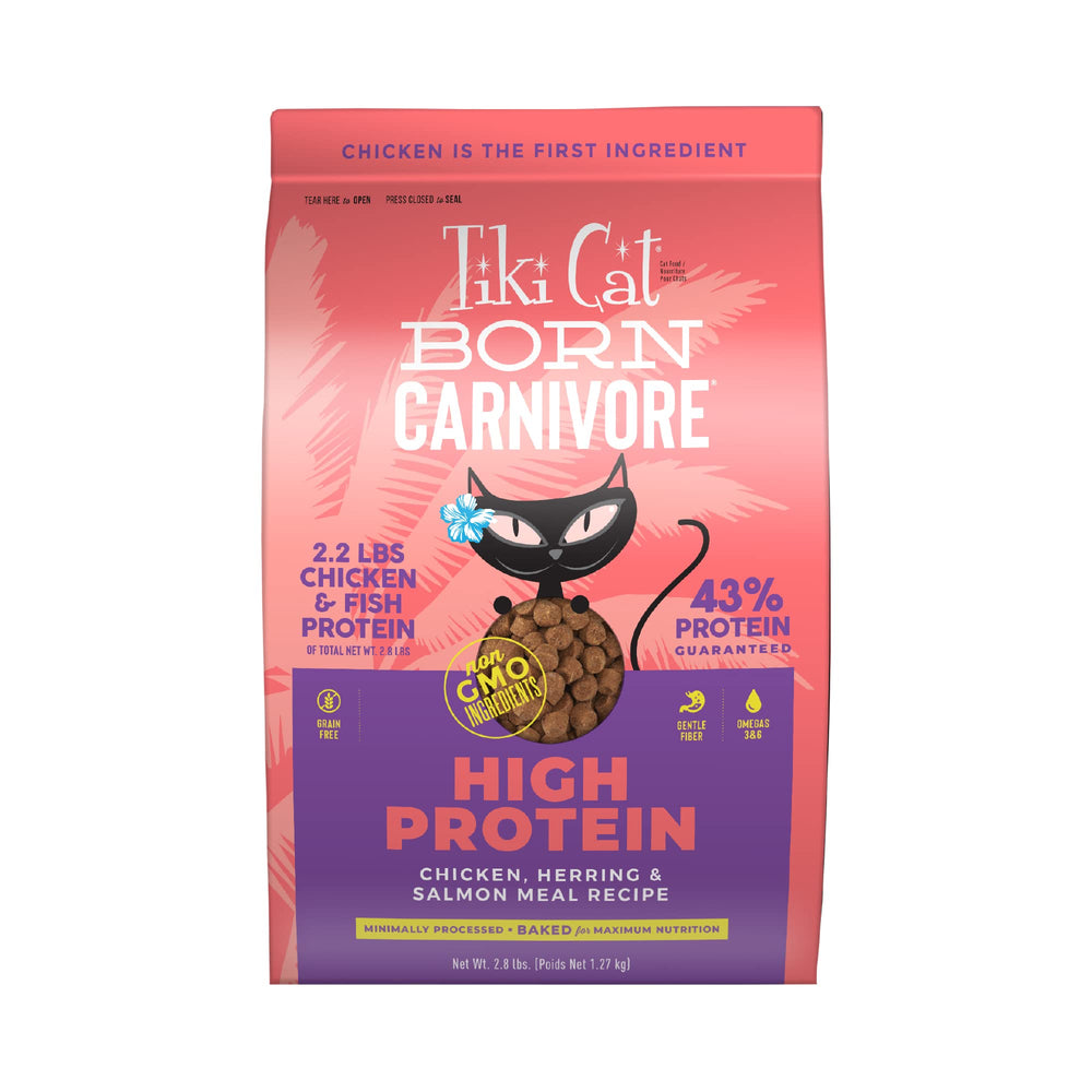 TIKI PETS sachet Tiki Cat Born Carnivore face montrant l'emballage