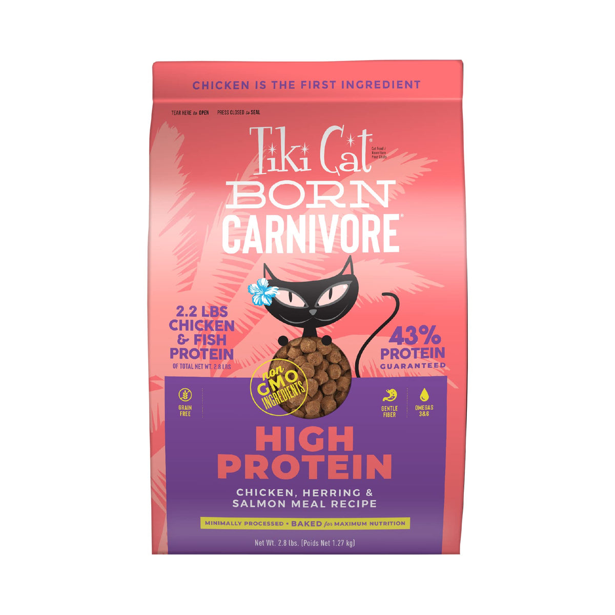 TIKI PETS sachet Tiki Cat Born Carnivore face montrant l'emballage