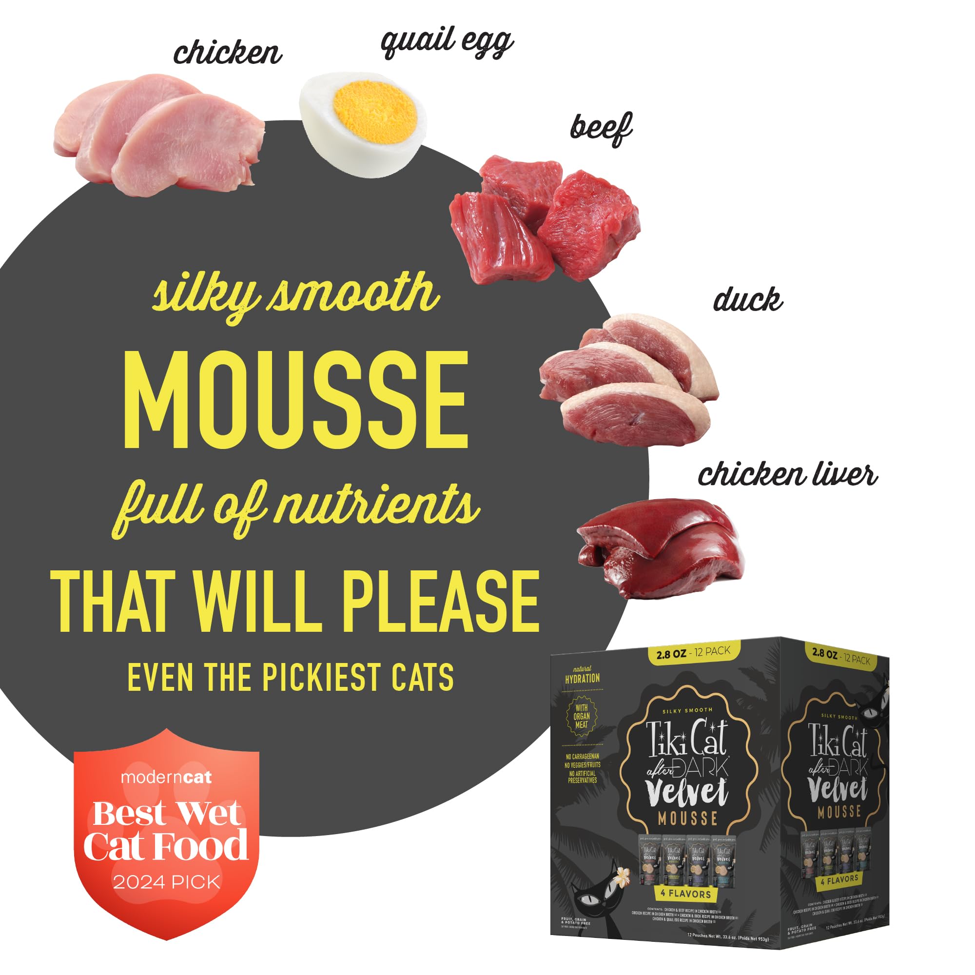 TIKI PETS boîte ouverte révélant mousse prête à servir, fraîcheur et praticité