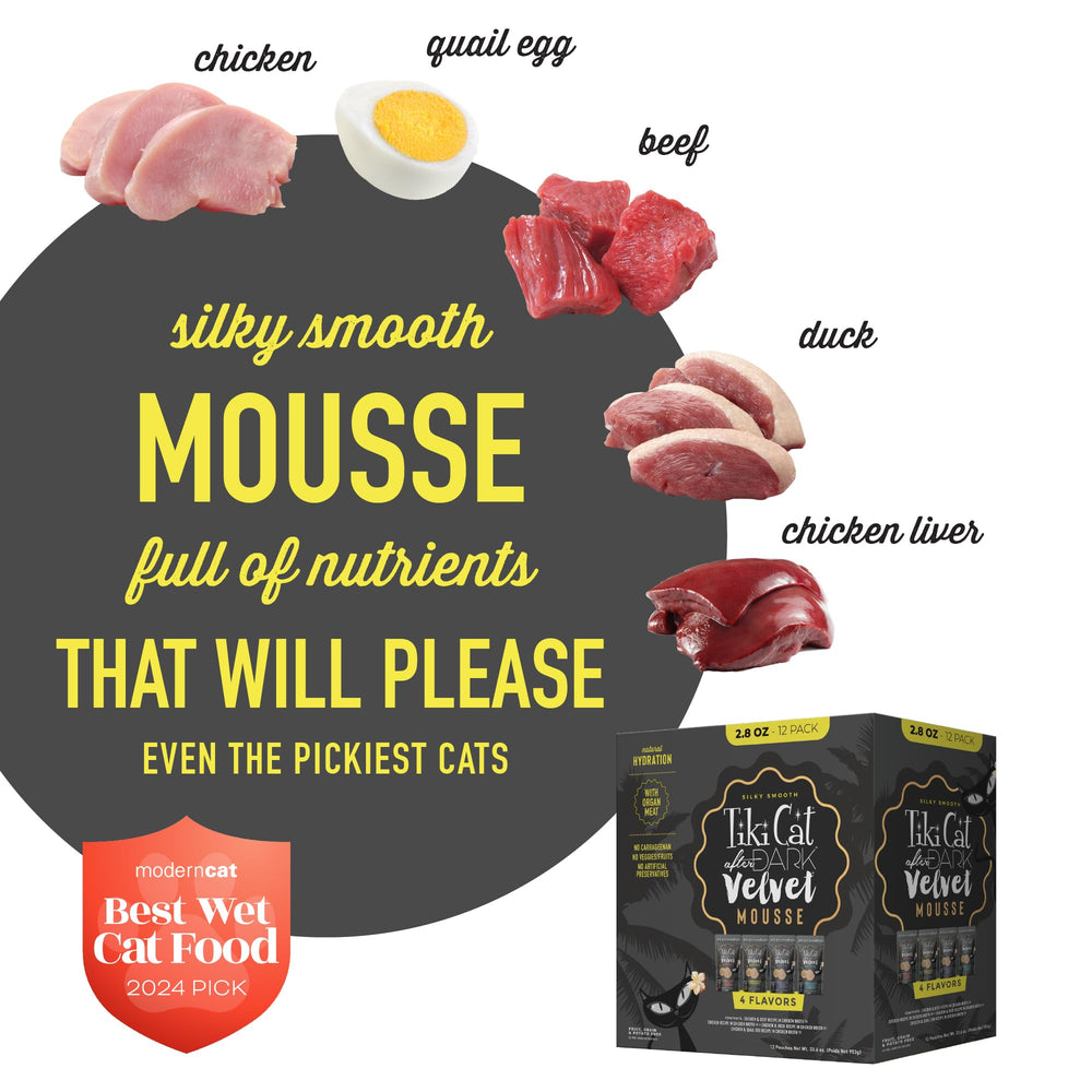 TIKI PETS boîte ouverte révélant mousse prête à servir, fraîcheur et praticité