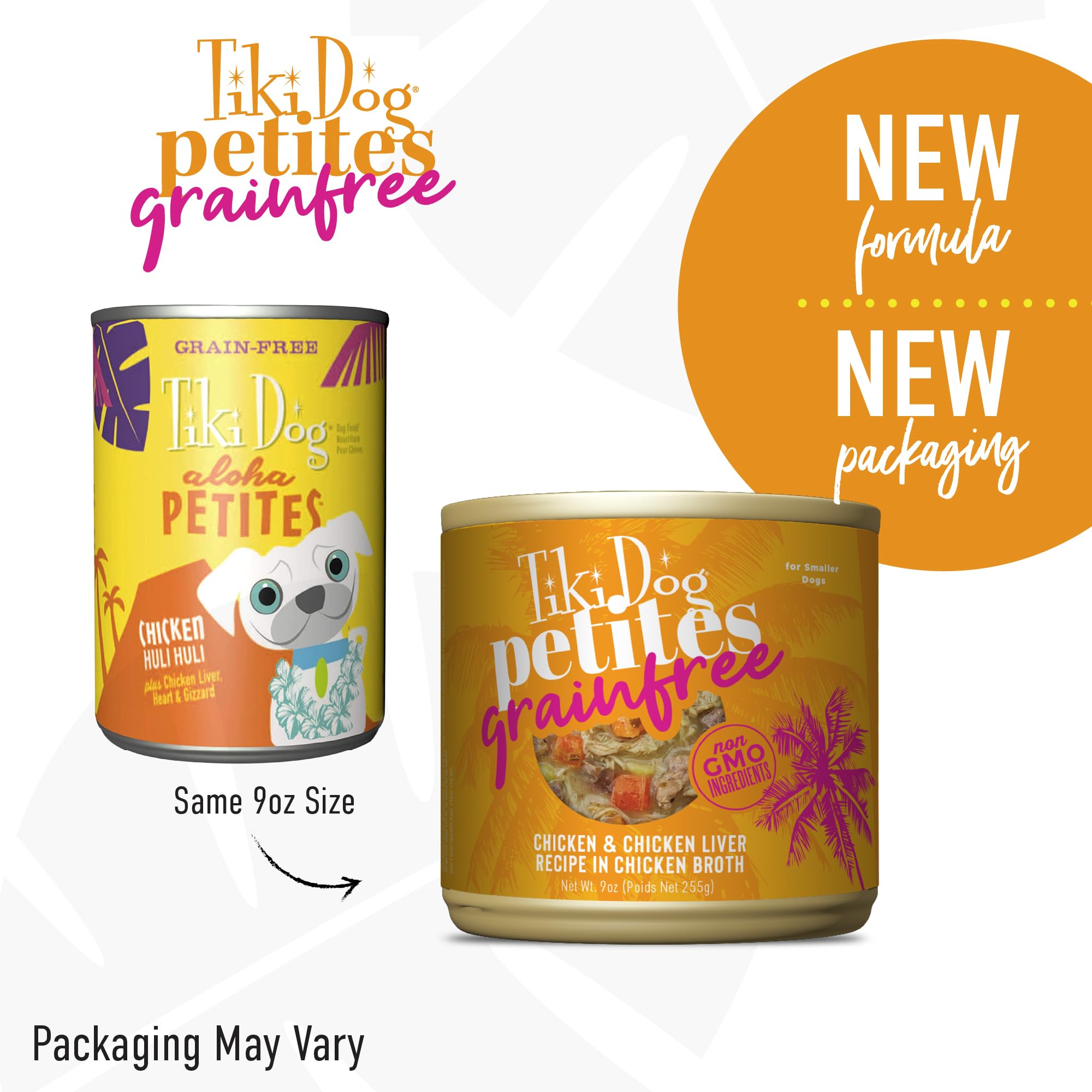 TIKI PETS boîte ouverte montrant poulet effiloché, appétence visible pour petits chiens