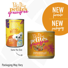 TIKI PETS boîte ouverte montrant poulet effiloché, appétence visible pour petits chiens