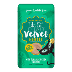 Tiki Pets emballage frontal Velvet Mousse montrant le format 12 x 2,8 oz pour praticité