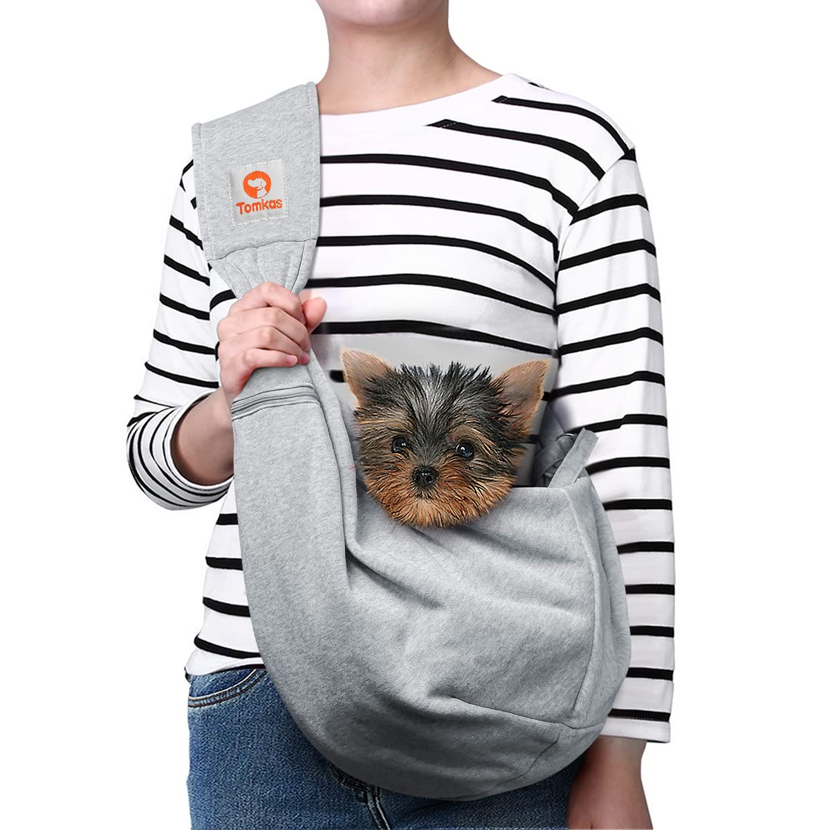 TOMKAS visage avant du sac bandoulière gris montrant fermeture et poche sécurisée