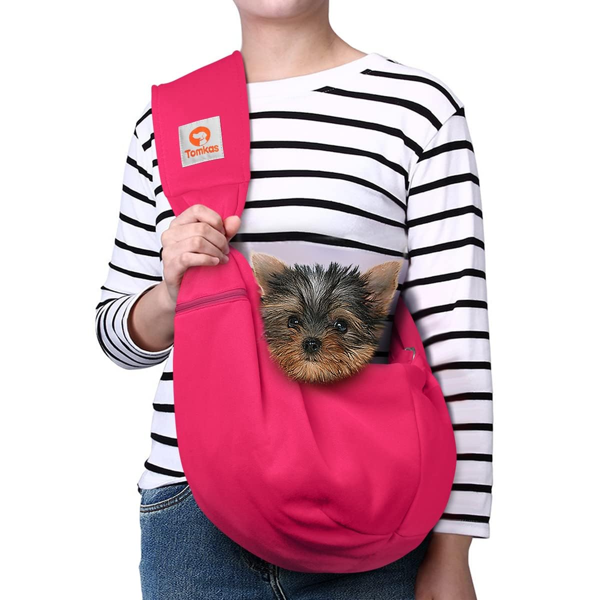 TOMKAS vue frontale du porte-chien rose montrant confort et style
