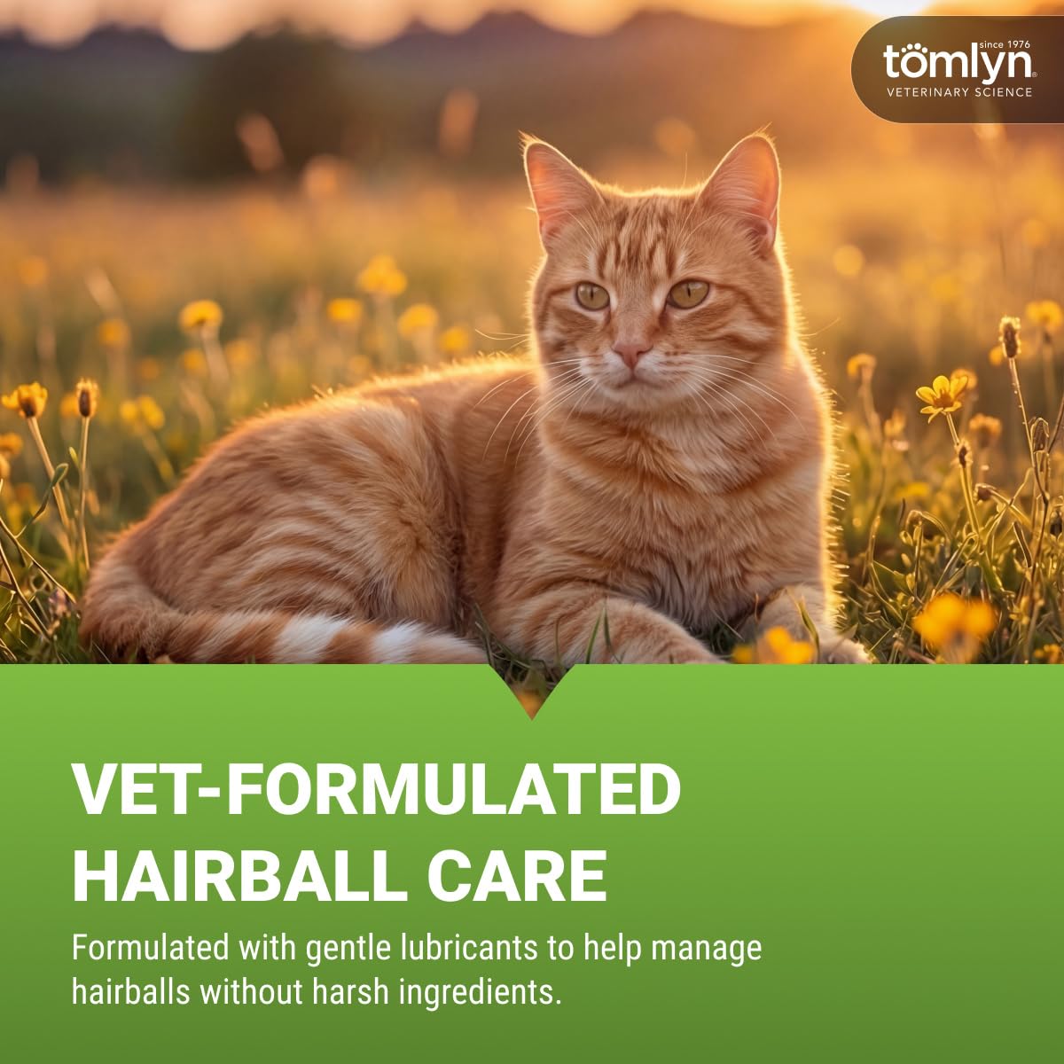 Chat lèche Tomlyn Laxatone indiquant que la saveur thon favorise l'acceptation