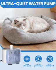 tomxcute pompe installée dans fontaine illustrant eau claire et fonctionnement silencieux
