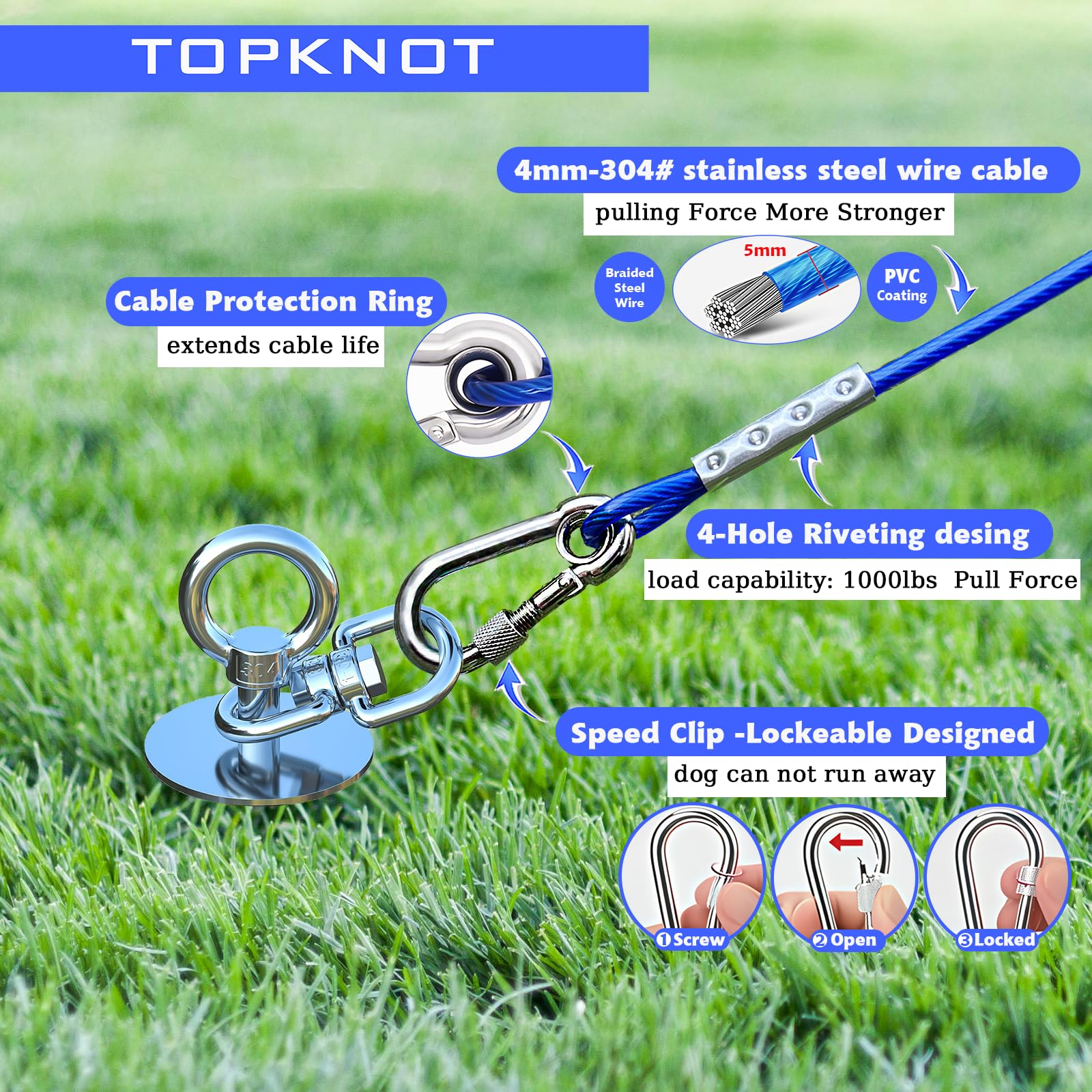 TOPKNOT comparaison taille câble indiquant longueur utile de 15ft