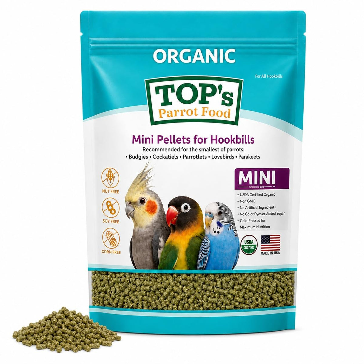 TOP's Parrot Food emballage avant montrant sac 4 lb et bénéfice nutritionnel