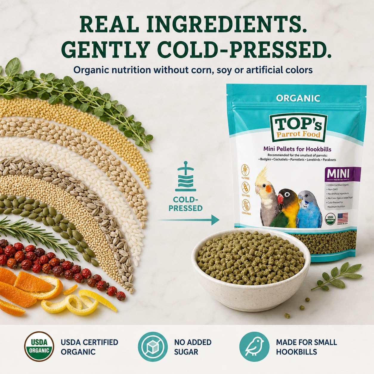 TOP's Parrot Food comparaison taille des granulés pour petits becs et moins de gaspillage