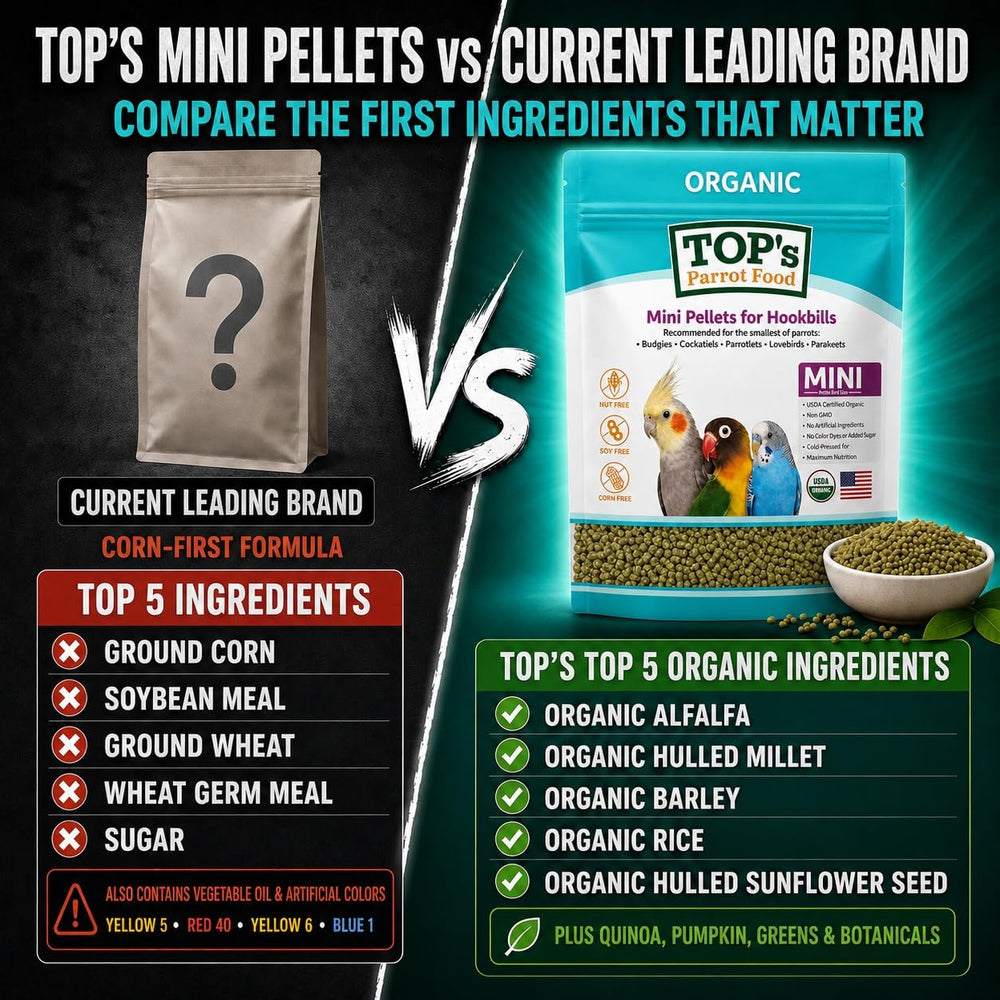 TOP's Parrot Food granulés et herbes naturels illustrant conservation au romarin