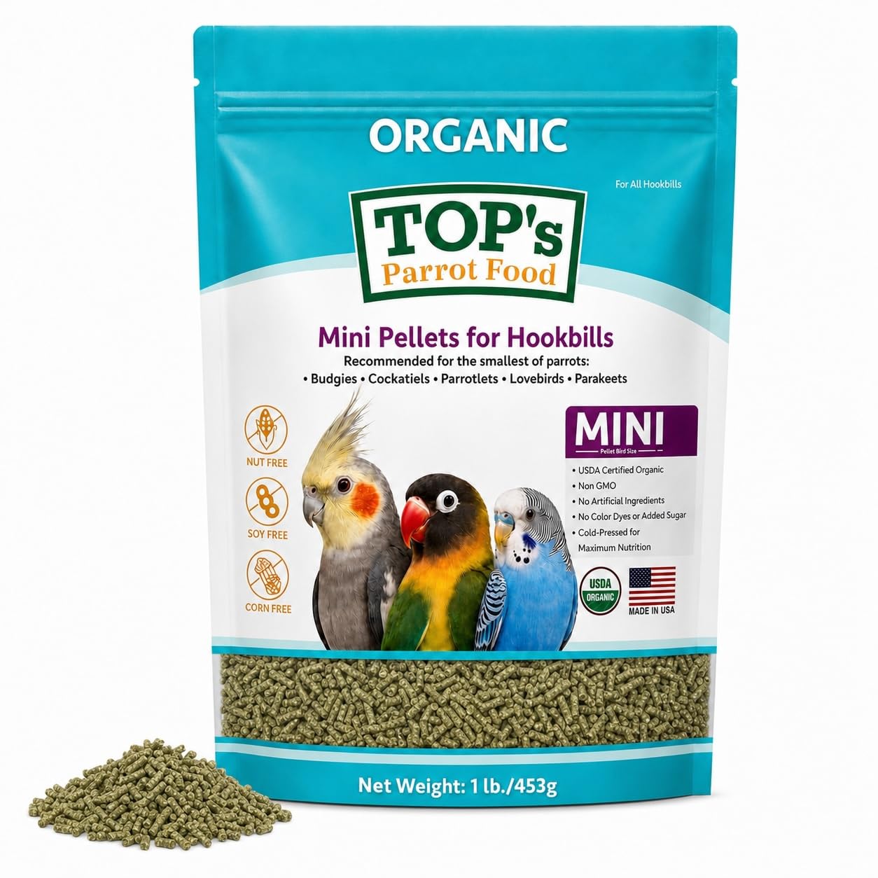 TOP's Parrot Food emballage avant montrant granulés bio et non-OGM pour confiance