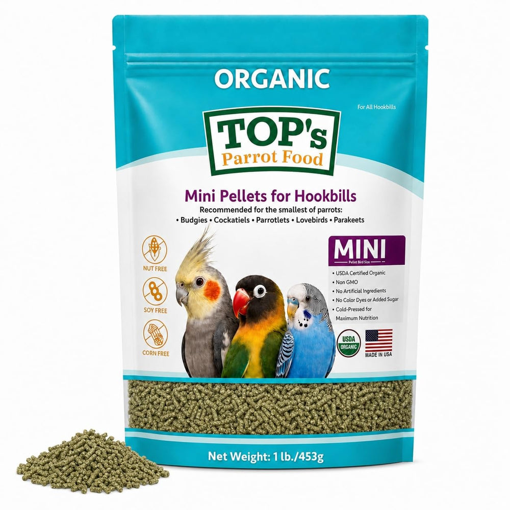 TOP's Parrot Food emballage avant montrant granulés bio et non-OGM pour confiance