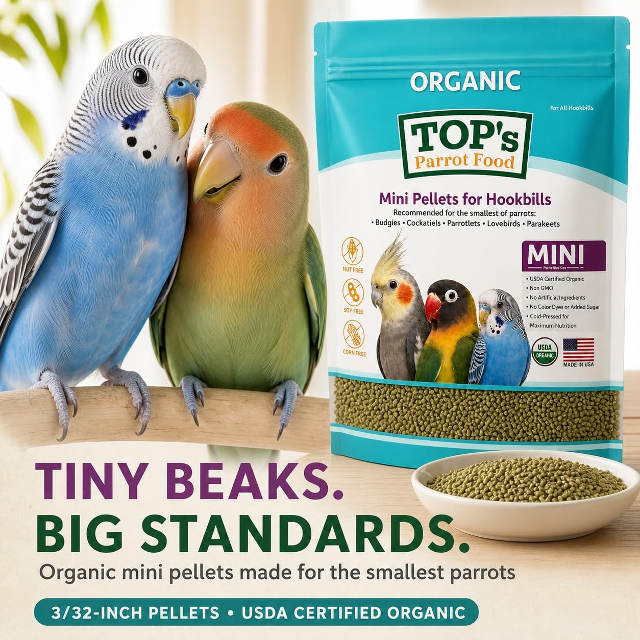 TOP's Parrot Food comparaison de taille des granulés avec règle pour ajuster portions