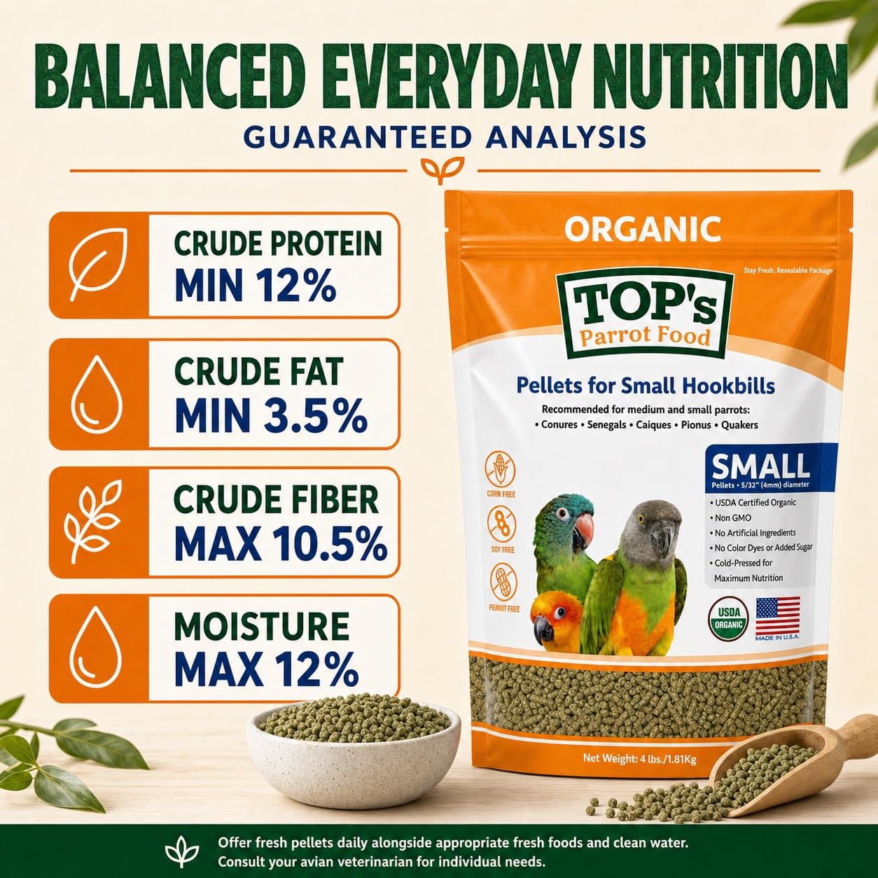 TOP's Parrot Food granulé à l'échelle pour visualiser la taille adaptée