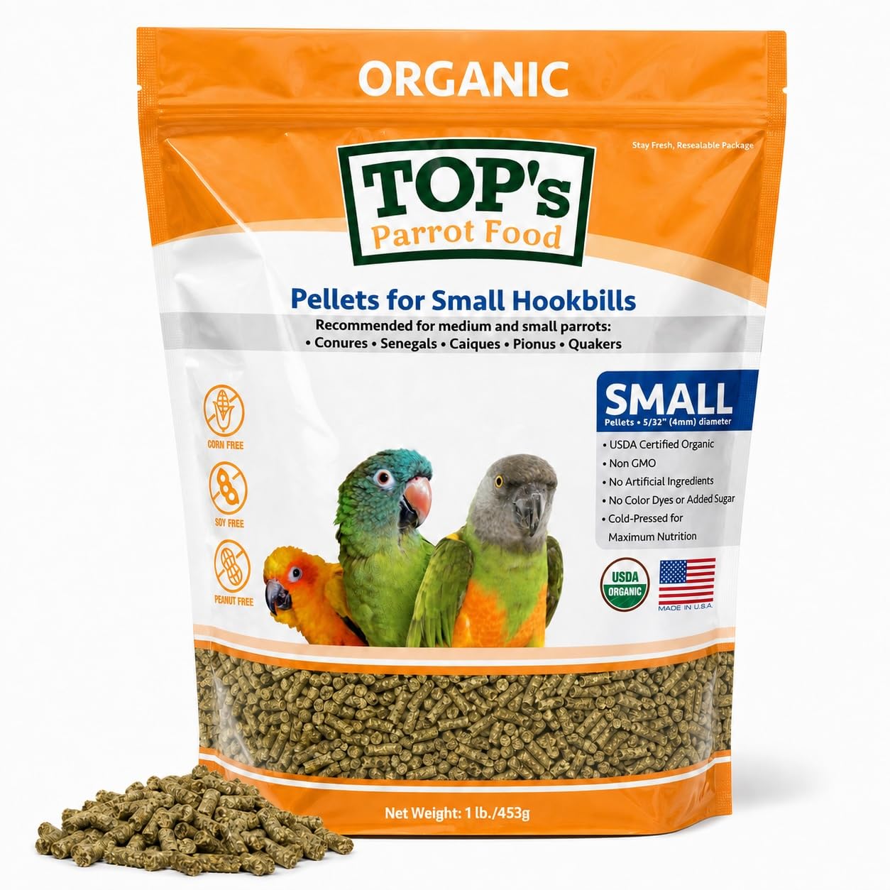 TOP's Parrot Food emballage avant montrant le produit bio et sans allergènes