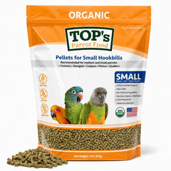 TOP's Parrot Food emballage avant montrant le produit bio et sans allergènes