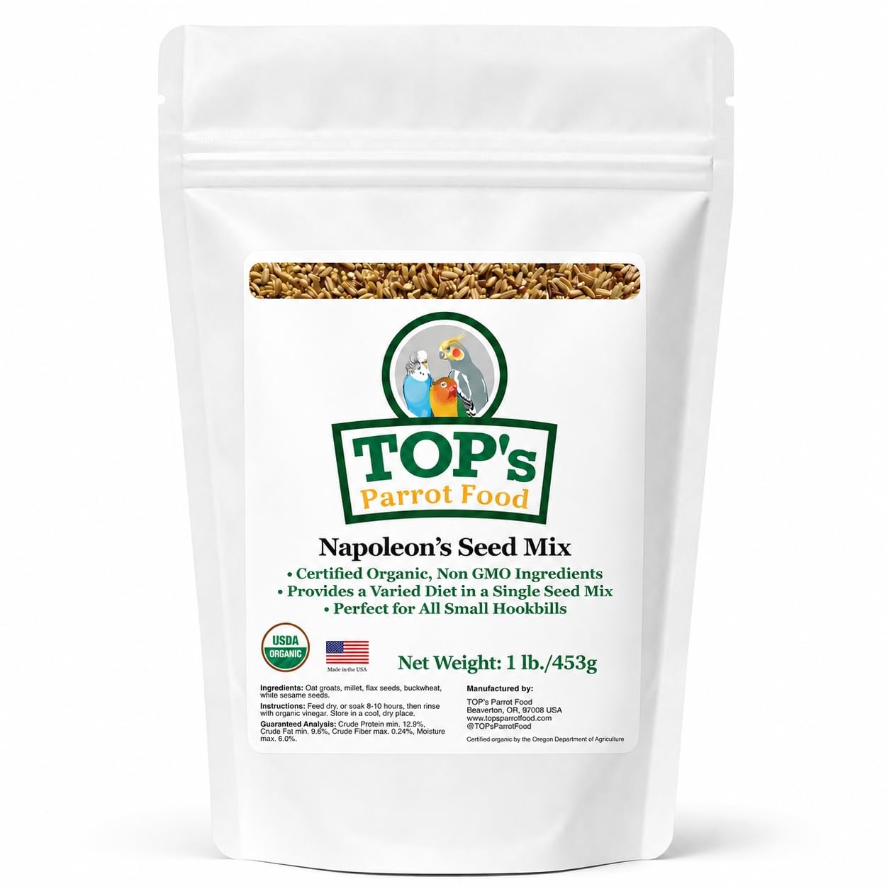TOP's Parrot Food emballage avant montrant mélange biologique, rassurant pour propriétaires