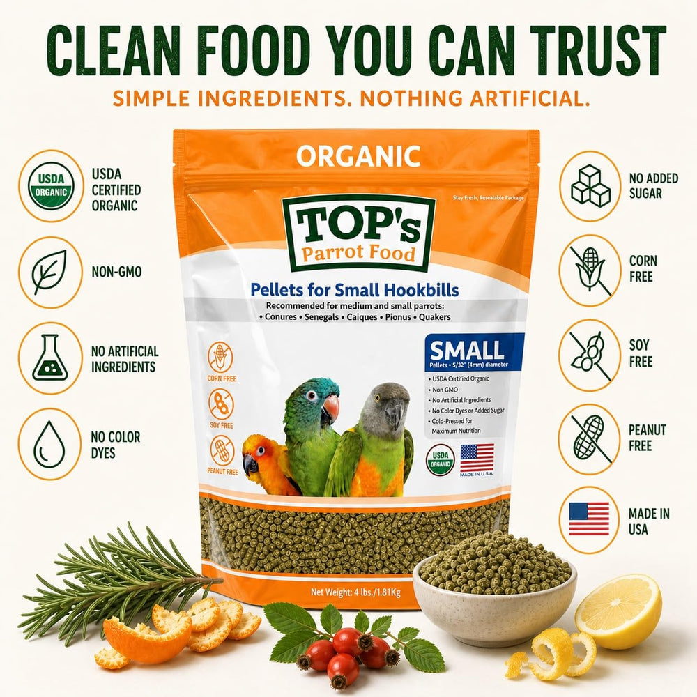 TOP's Parrot Food étiquette avec certification USDA Organic, gage de traçabilité