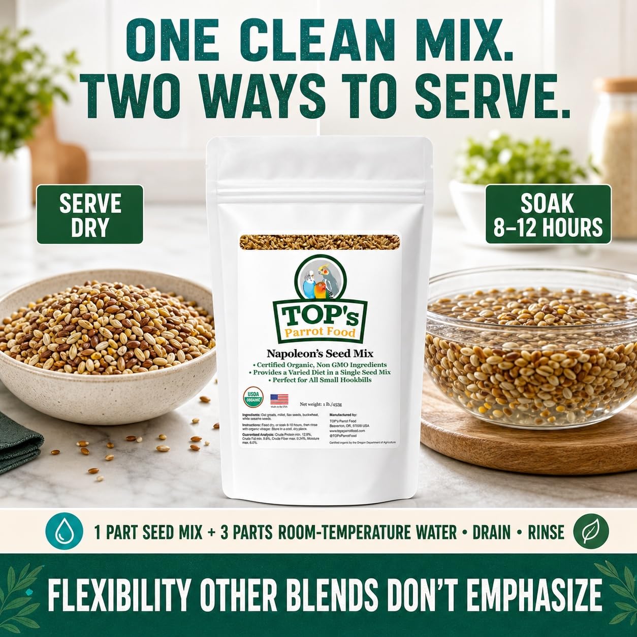 TOP's Parrot Food étiquette biologique en gros plan prouvant certification USDA