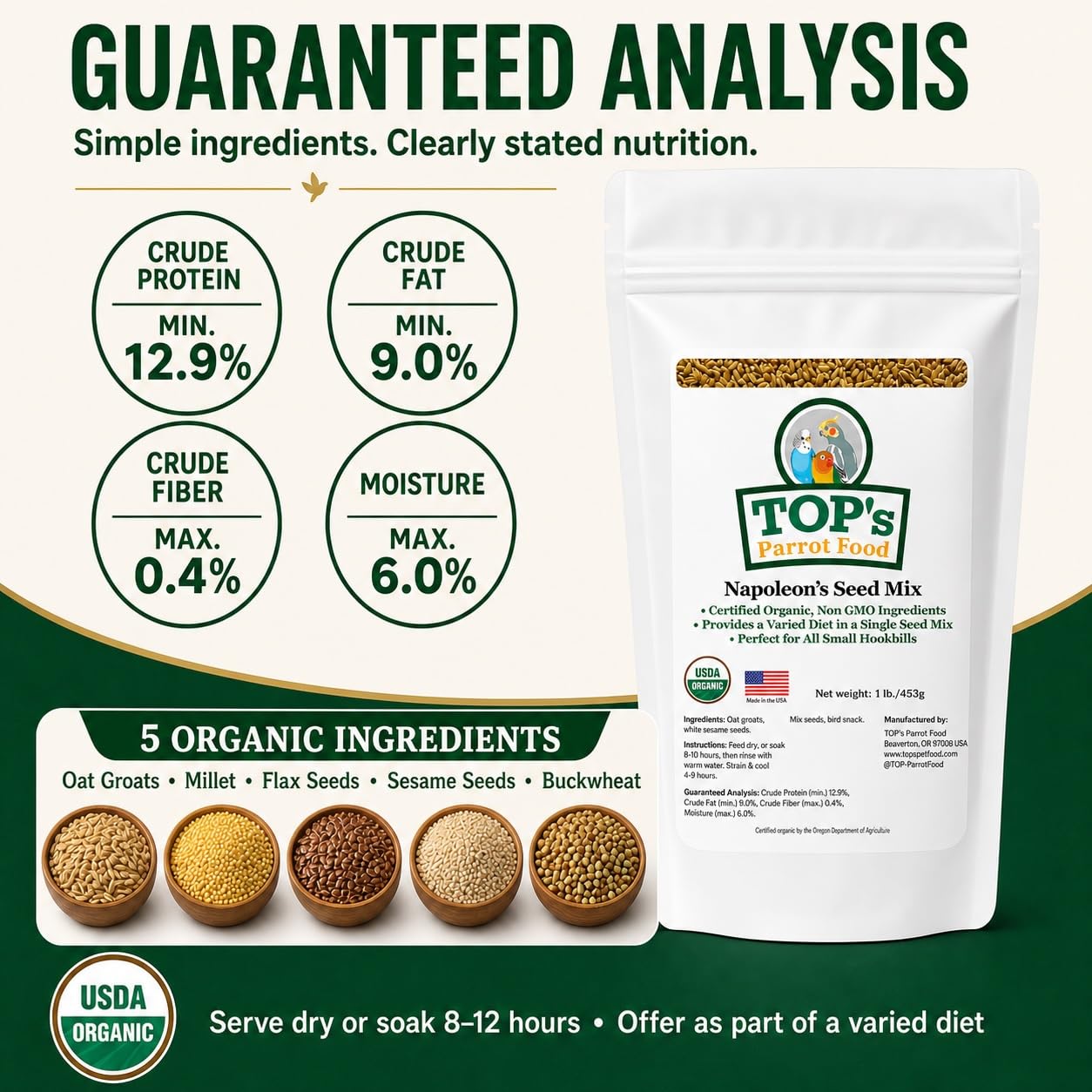 TOP's Parrot Food gros plan des graines, détail nutritif visible pour inspection