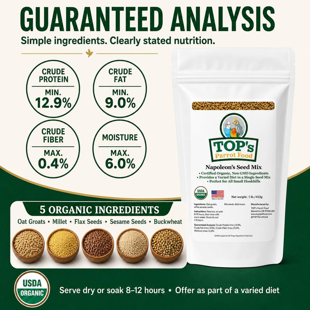 TOP's Parrot Food gros plan des graines, détail nutritif visible pour inspection