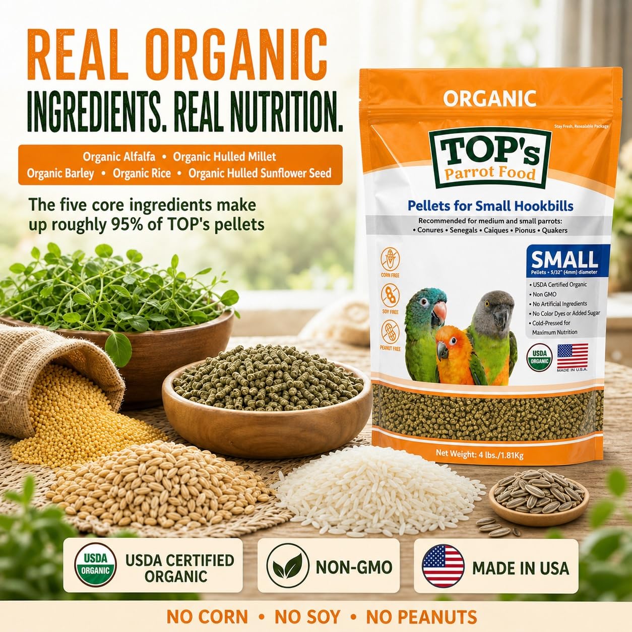 TOP's Parrot Food gros plan sur la texture cold-pressée préservant nutriments