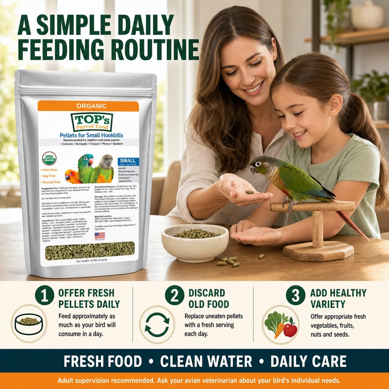 TOP's Parrot Food disposition en cuisine, prêt à servir pour alimentation quotidienne