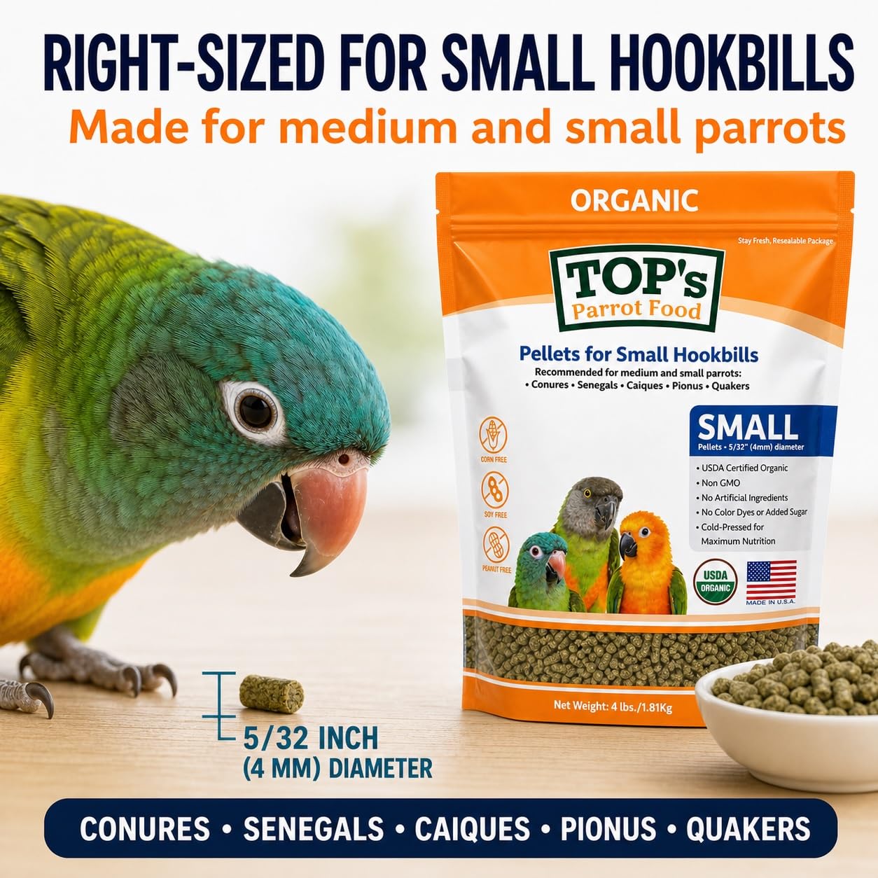 TOP's Parrot Food portion dans la main montrant la taille et densité pratique