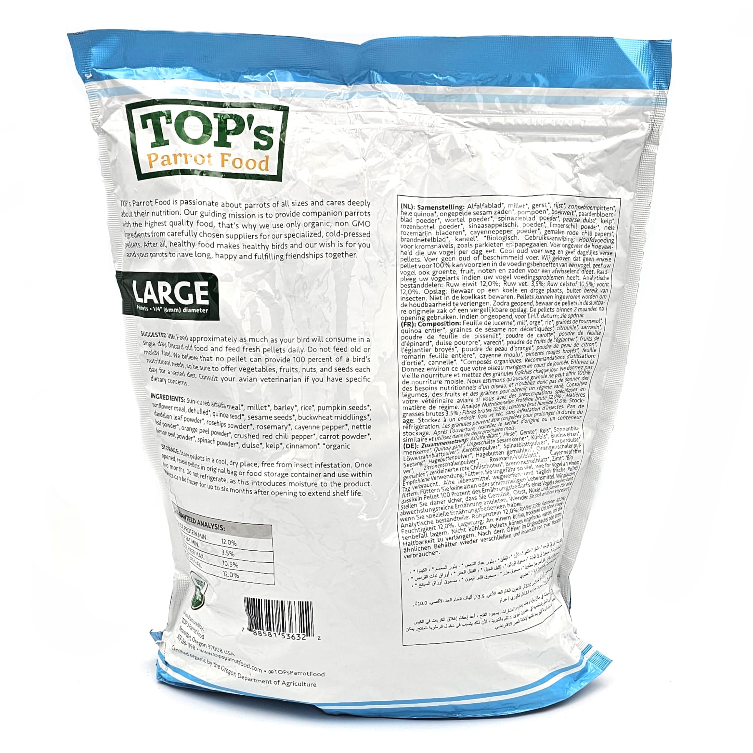 TOP's Parrot Food bol dans cage avec perroquet, démontre l'appétence et l'acceptation