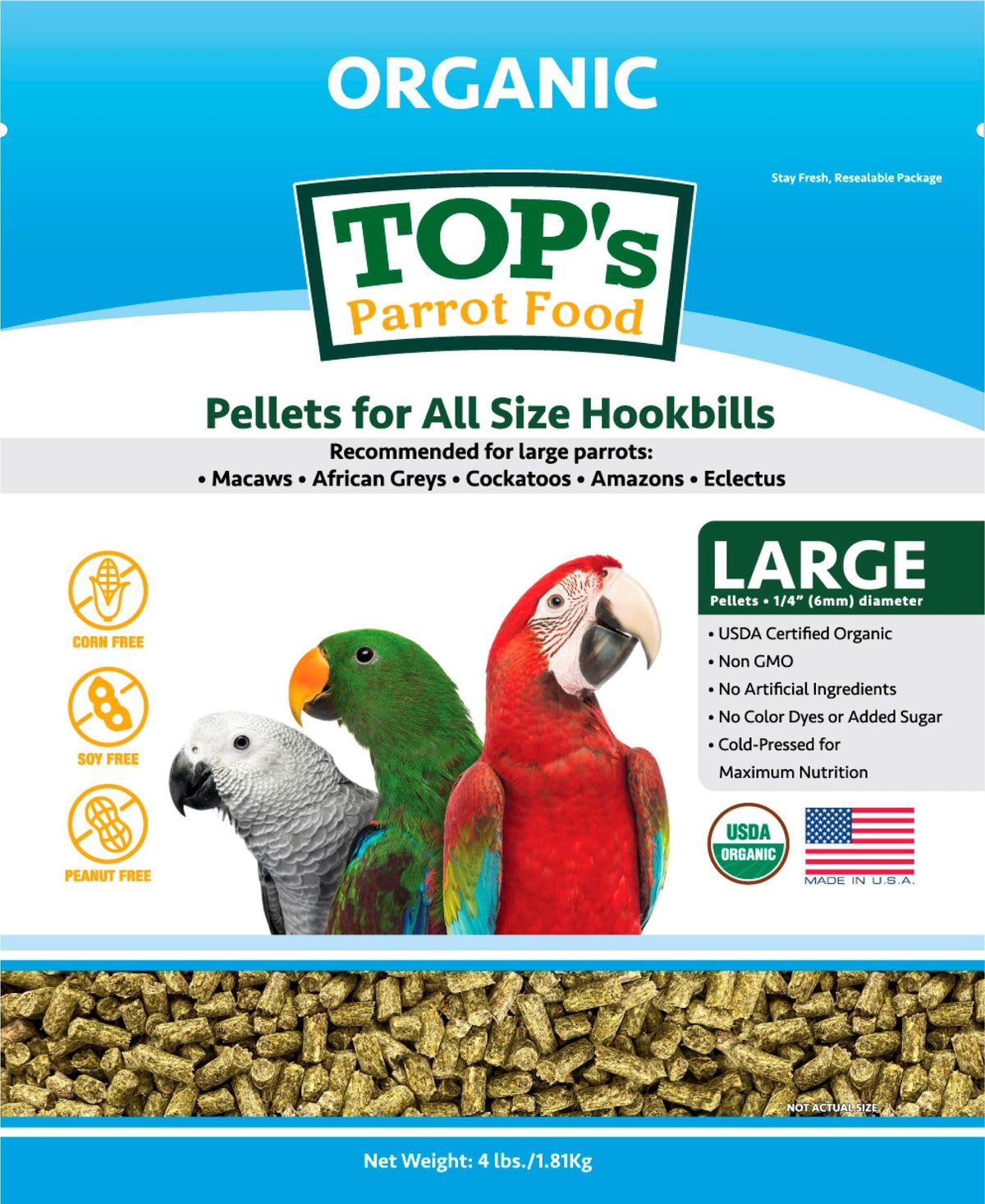 TOP's Parrot Food emballage avant montrant le sac et l'étiquette, rassure sur la qualité