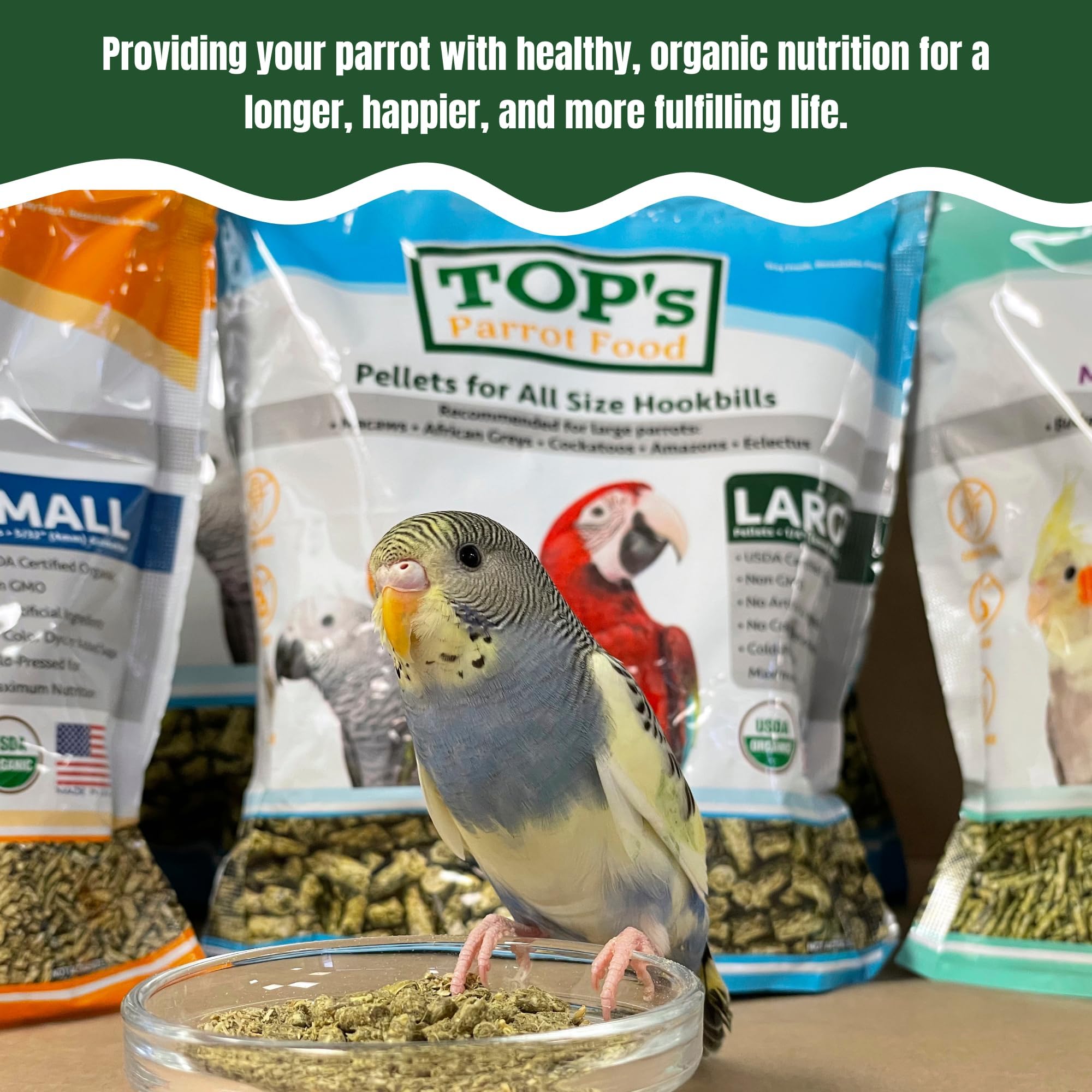 TOP's Parrot Food étiquette USDA Organic visible, certifie l'origine biologique