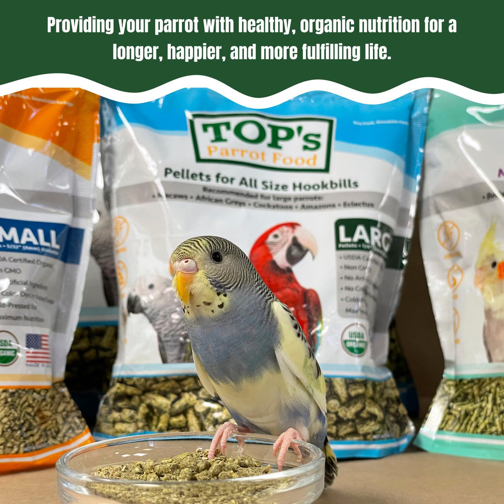TOP's Parrot Food étiquette USDA Organic visible, certifie l'origine biologique