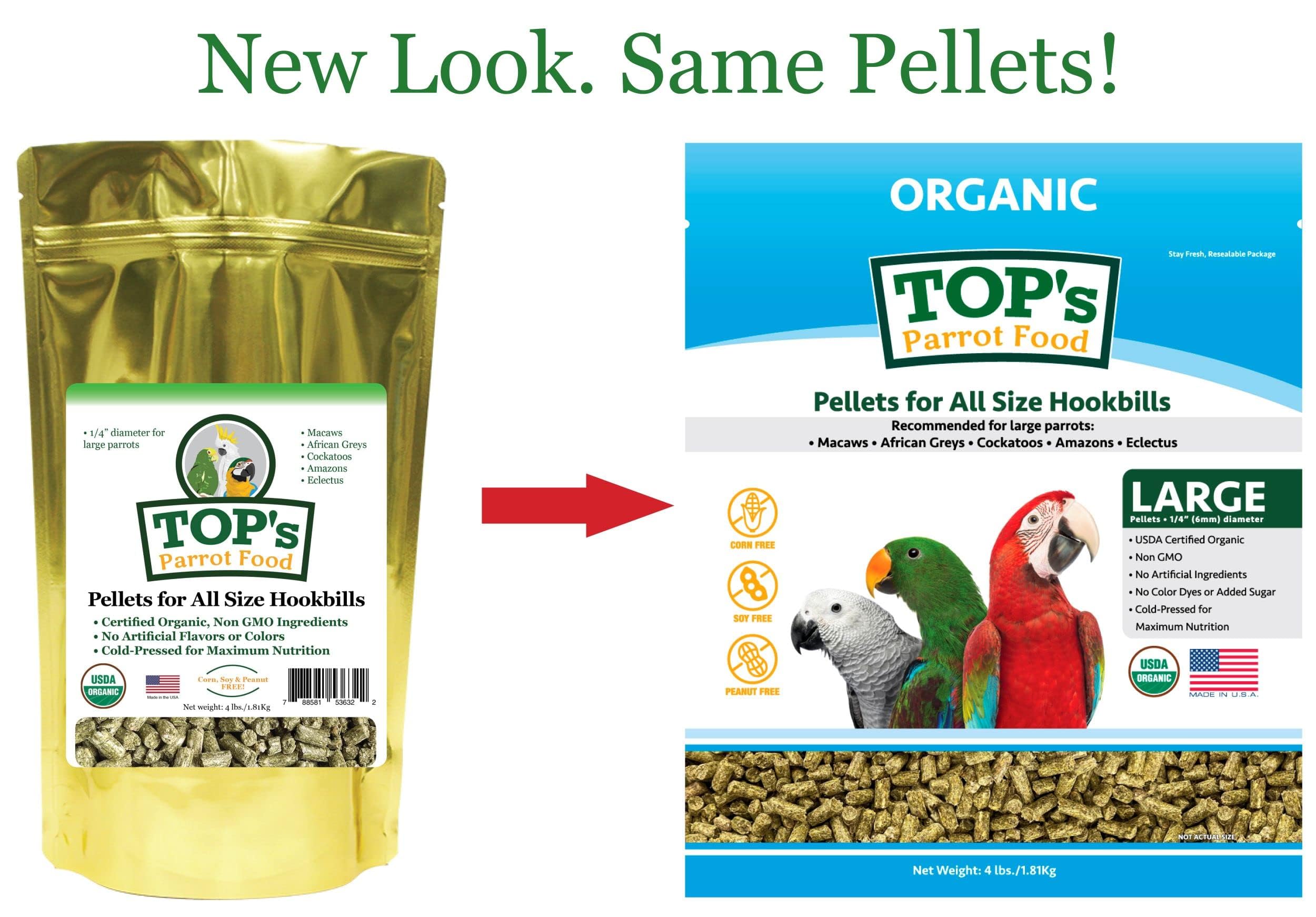 TOP's Parrot Food gros plan sur la texture des granulés, illustre la densité nutritive