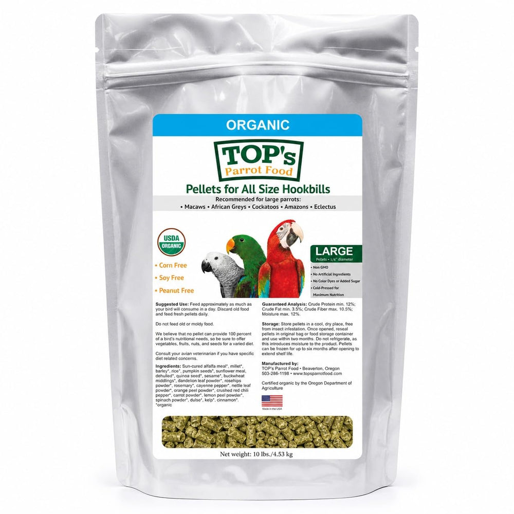 TOP's Parrot Food paquet face montrant branding et avantage biologique