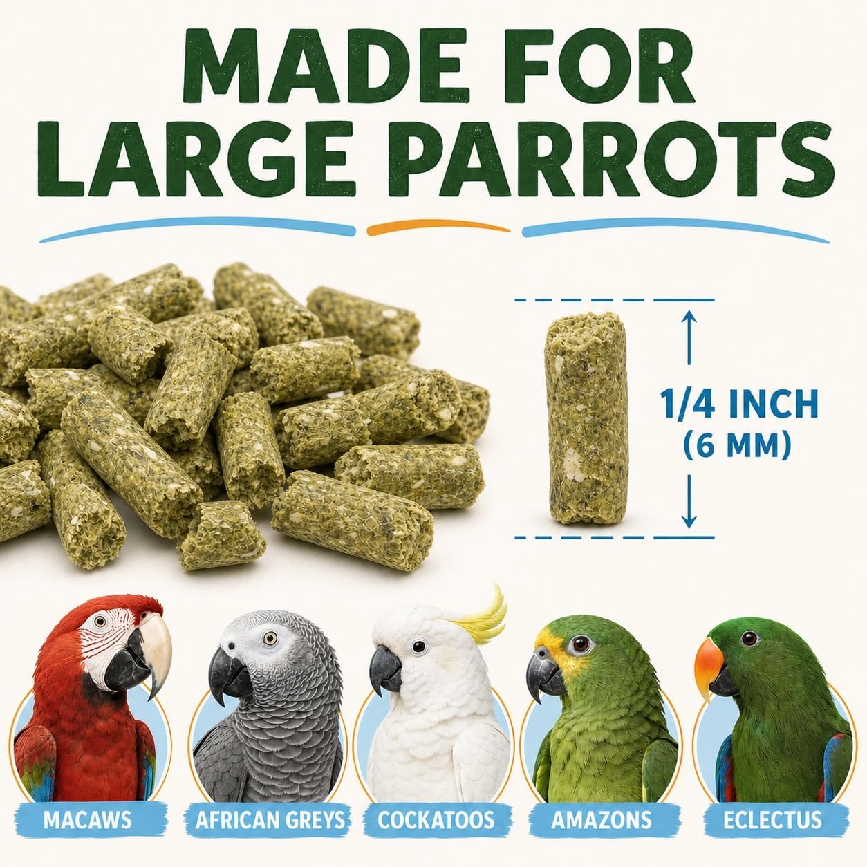 TOP's Parrot Food comparaison échelle montrant taille 1/4 pouce utile