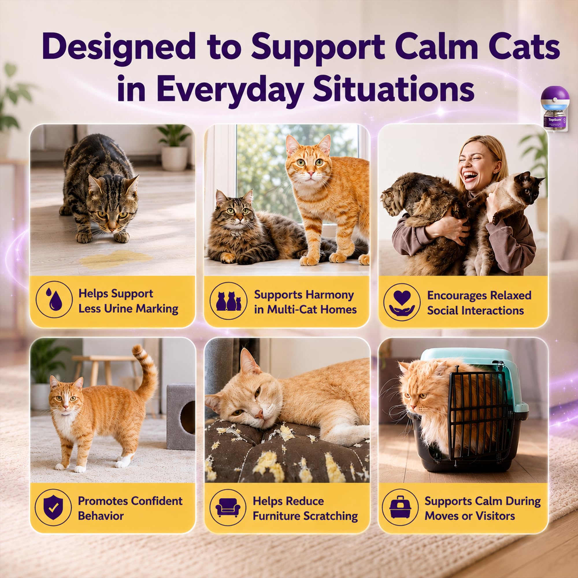 TopSum diffuseur en usage dans salon apaisant l'espace pour chats stressés