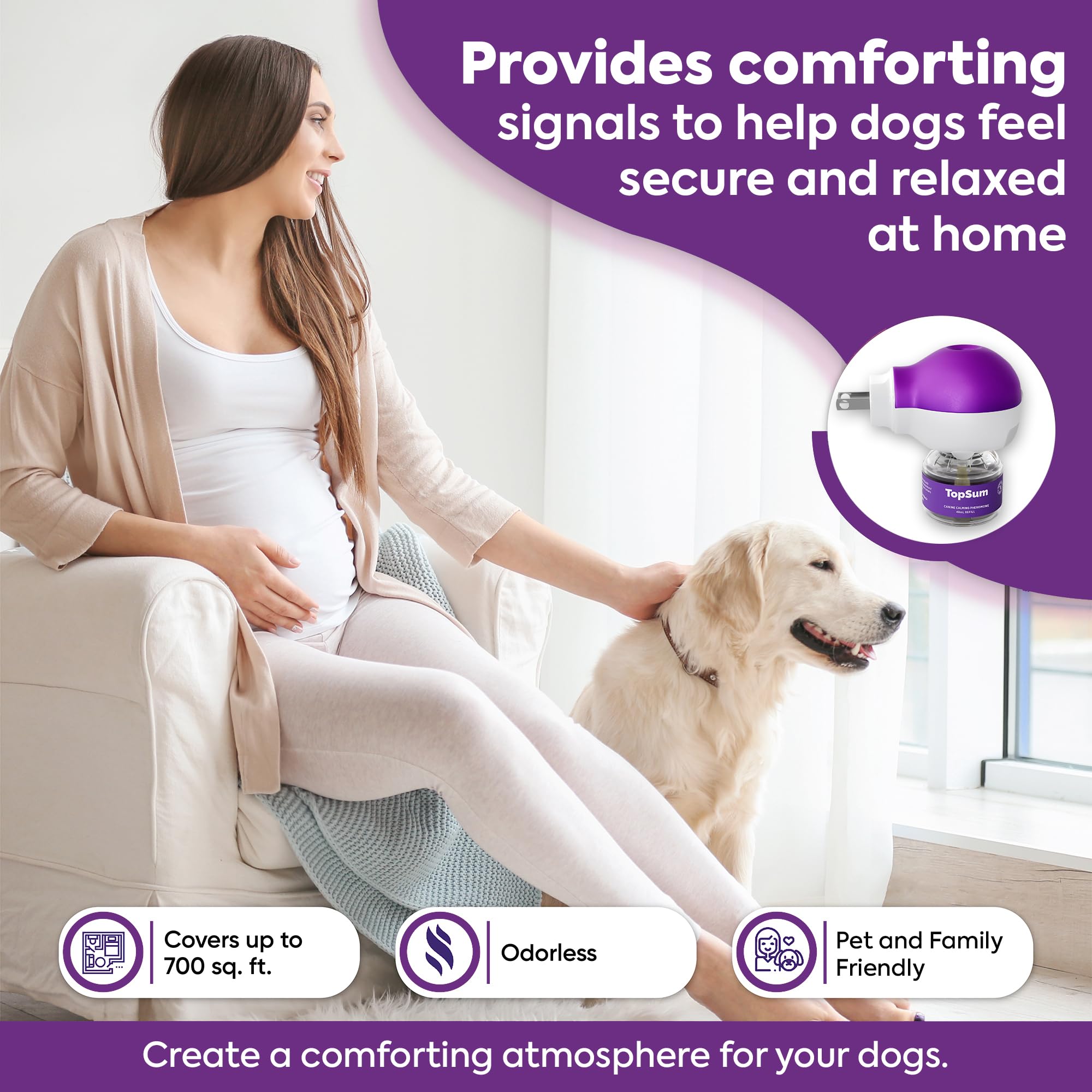 TopSum recharge gros plan montrant liquide et sécurité pour calmer chien