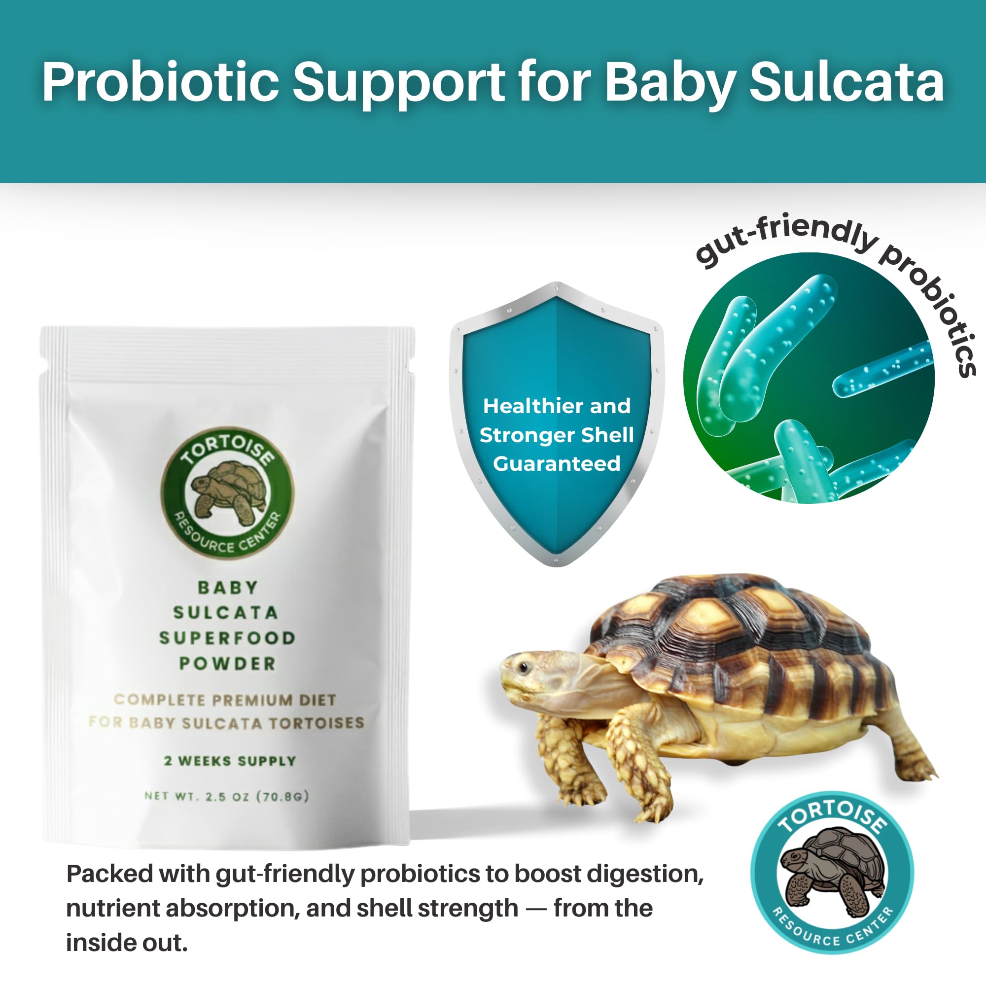 Tortoise Resource Center étiquette nutrition lisible montrant calcium et probiotiques