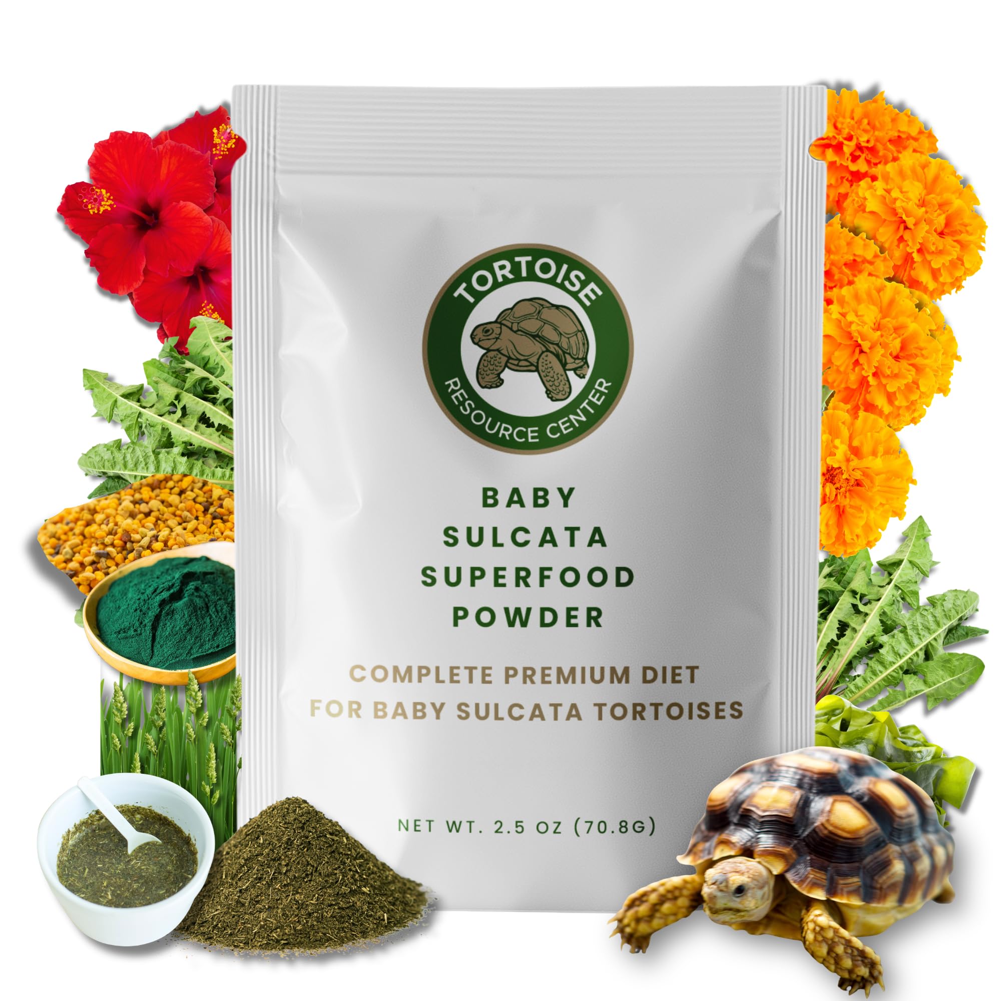 Tortoise Resource Center face du sachet montrant l'emballage et avantages nutritionnels